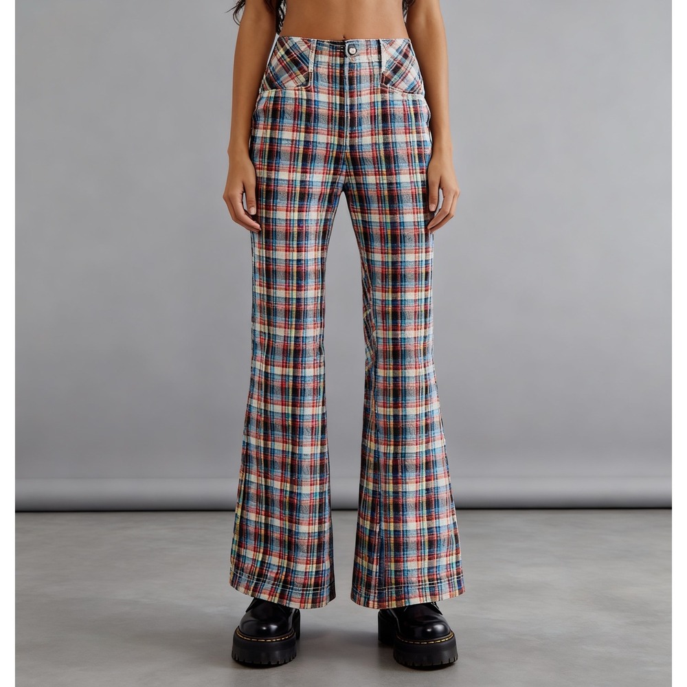 Free People Cristina Plaid Low Rise Flare Pant Trousers Retro 70s Boho Size 6